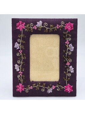 Purple Embroidered Fabric Photo Frame Floral Design & Easel Back 3x5